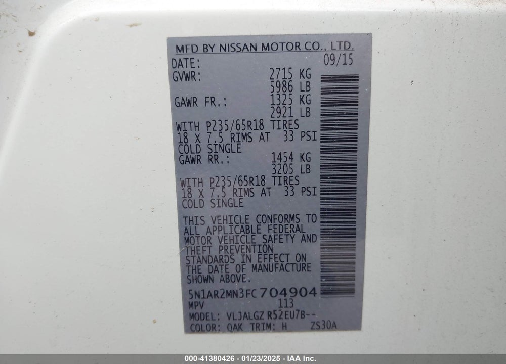2015 NISSAN PATHFINDER SL VIN: 5N1AR2MN3FC704904