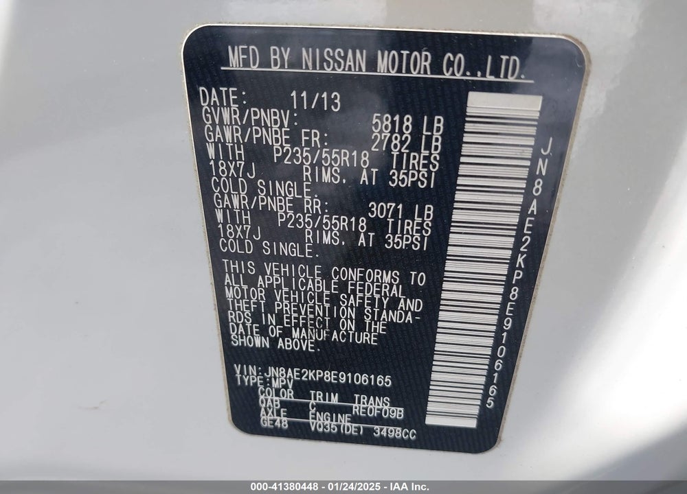 2014 NISSAN QUEST SL VIN: JN8AE2KP8E9106165