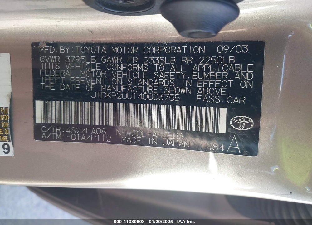 2004 TOYOTA PRIUS VIN: JTDKB20U140003755