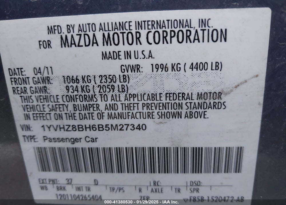 2011 MAZDA 6 VIN: 1YVHZ8BH6B5M27340