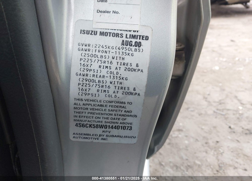 2001 HONDA PASSPORT EX/LX VIN: 4S6CK58W014401073