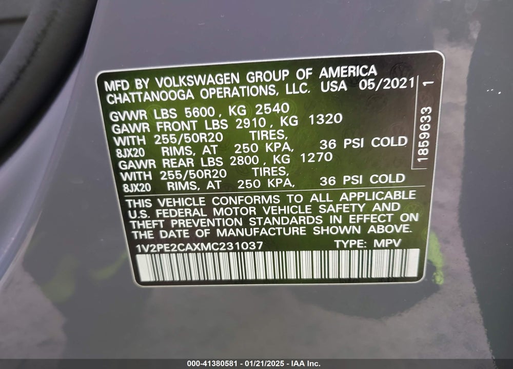 2021 VOLKSWAGEN ATLAS CROSS SPORT 3.6L V6 SE W/TECHNOLOGY R-LINE VIN: 1V2PE2CAXMC231037