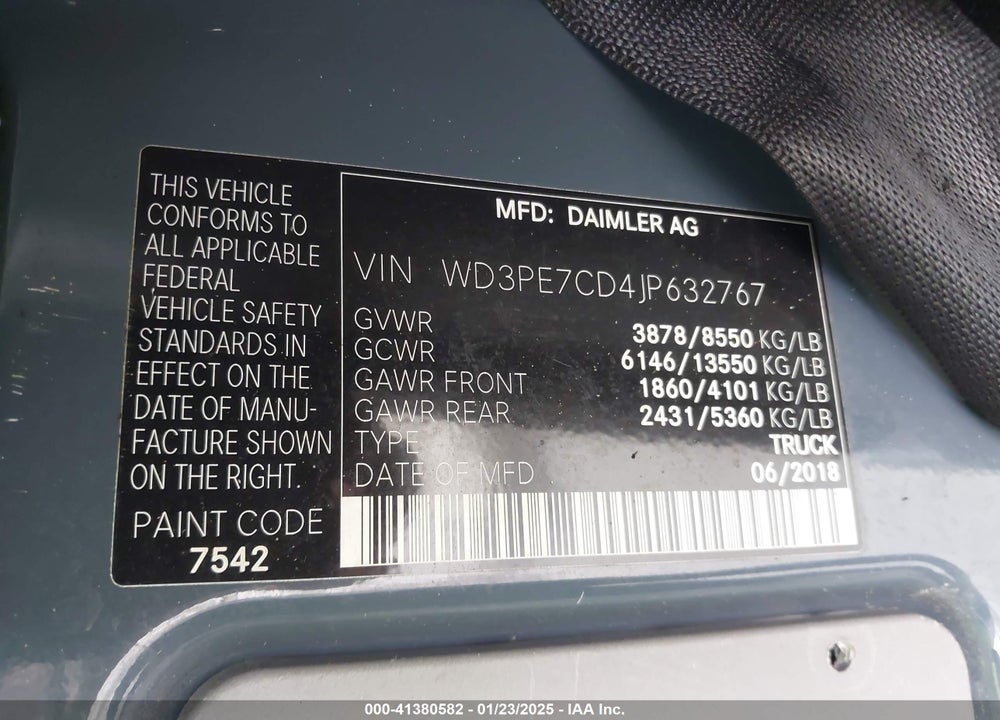 2018 MERCEDES-BENZ SPRINTER 2500 STANDARD ROOF V6 VIN: WD3PE7CD4JP632767