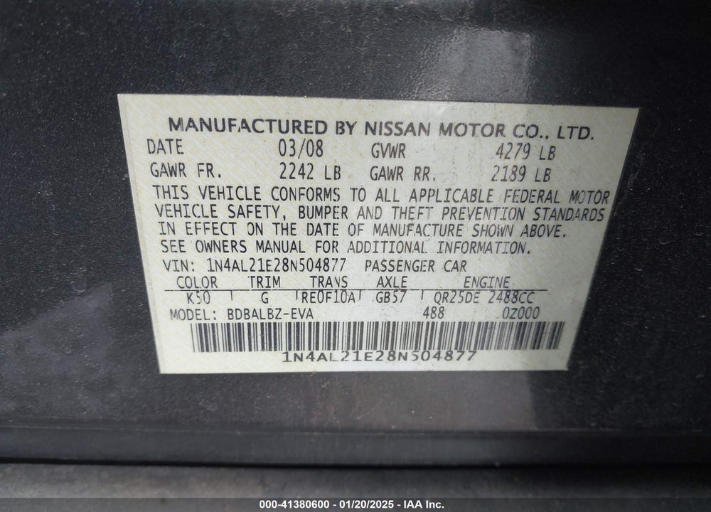 2008 NISSAN ALTIMA 2.5 S VIN: 1N4AL21E28N504877