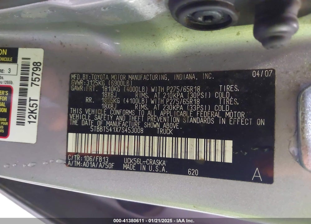 2007 TOYOTA TUNDRA VIN: 5TBBT541X7S453008
