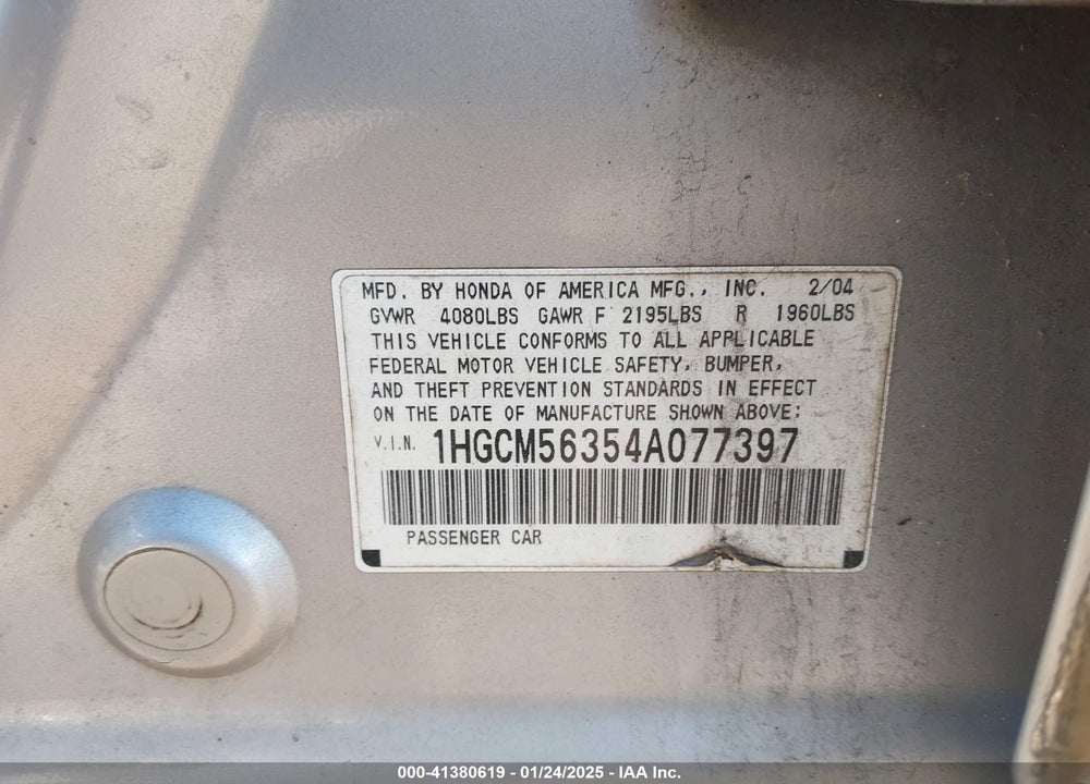 2004 HONDA ACCORD 2.4 LX VIN: 1HGCM56354A077397