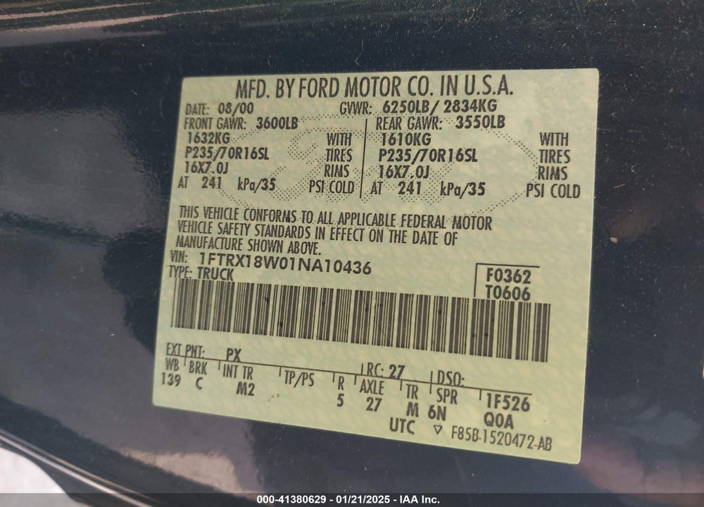 2001 FORD F-150 LARIAT/XL/XLT VIN: 1FTRX18W01NA10436