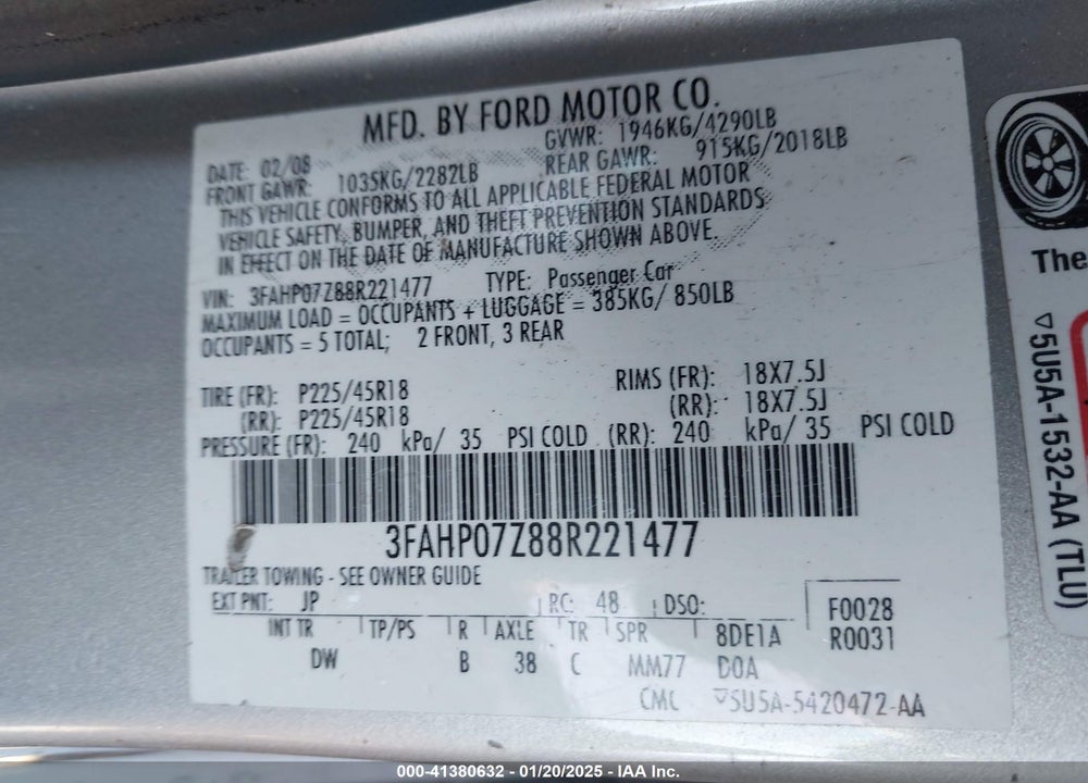 2008 FORD FUSION SE VIN: 3FAHP07Z88R221477