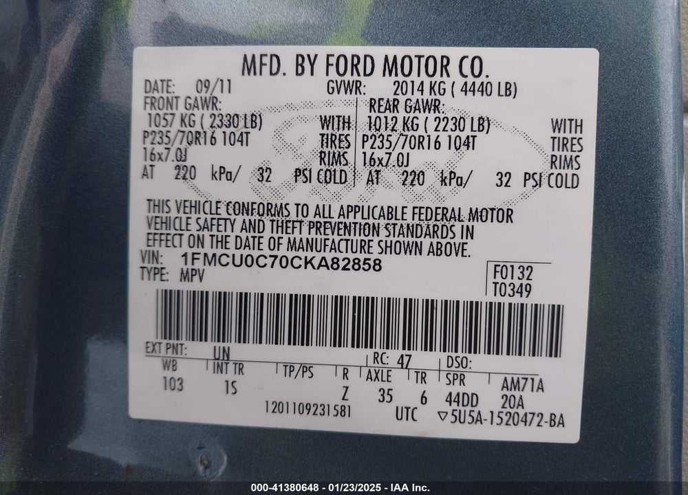 2012 FORD ESCAPE XLS VIN: 1FMCU0C70CKA82858