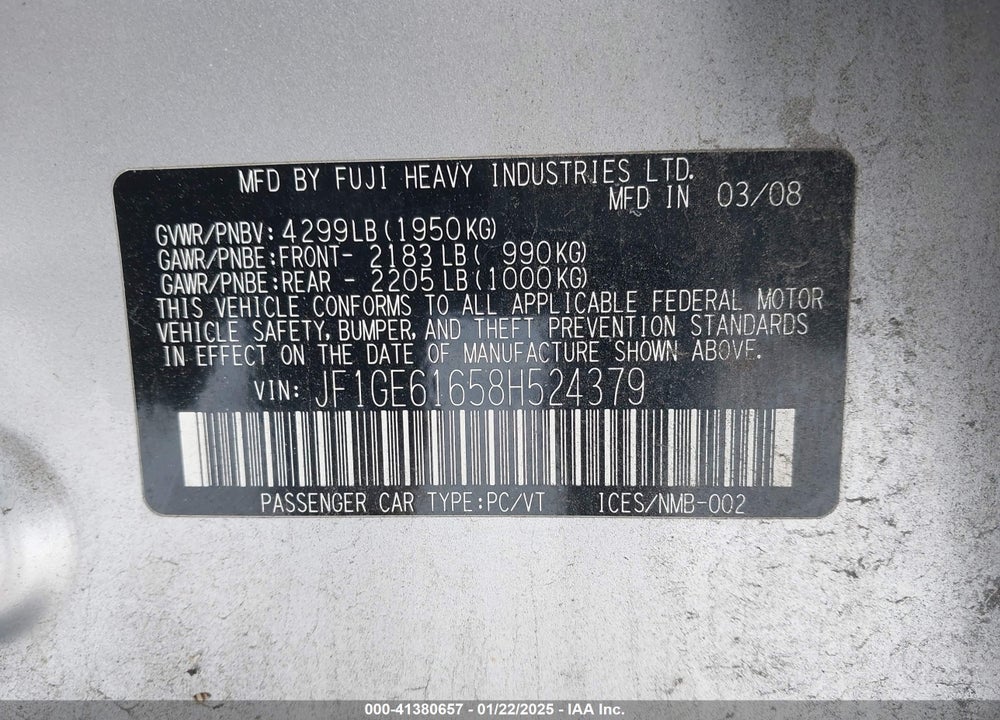 2008 SUBARU IMPREZA 2.5I VIN: JF1GE61658H524379