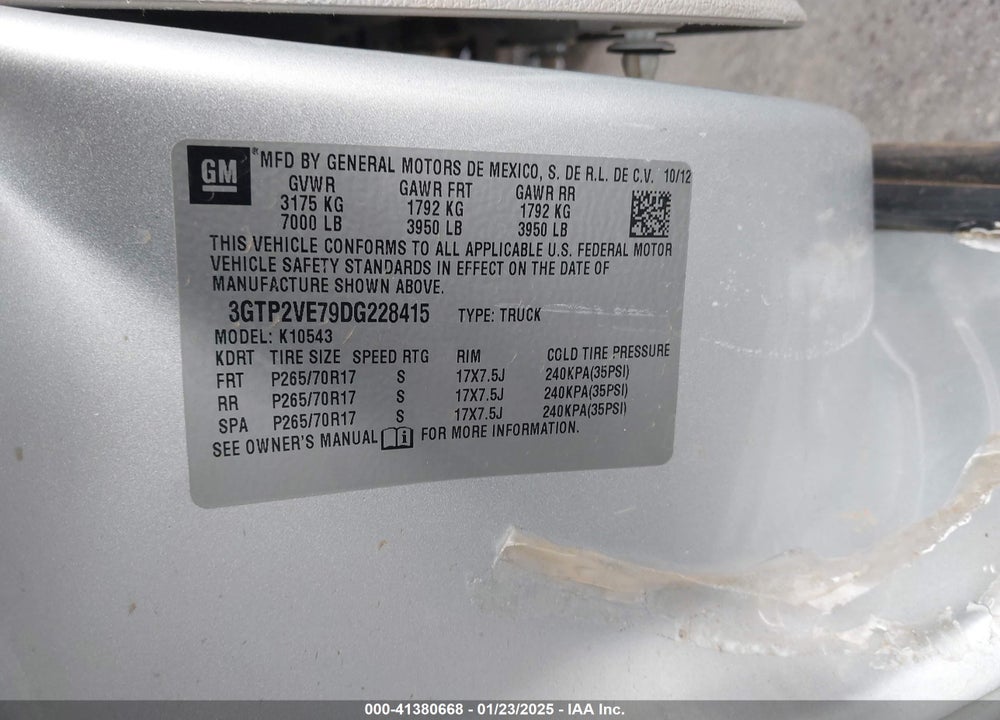 2013 GMC SIERRA VIN: 3GTP2VE79DG228415
