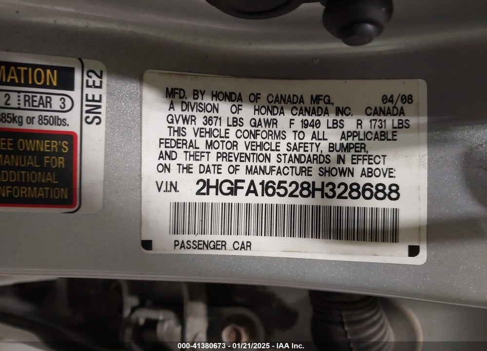 2008 HONDA CIVIC VIN: 2HGFA16528H328688