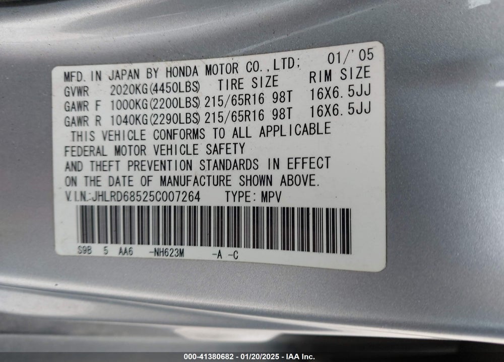 2005 HONDA CR-V LX VIN: JHLRD68525C007264