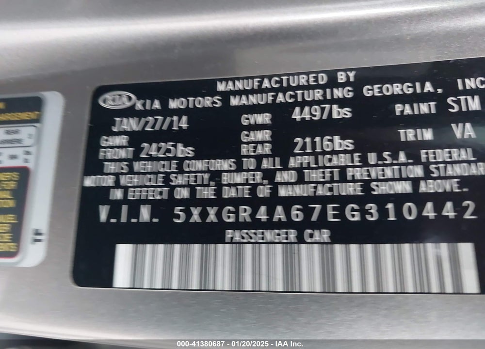 2014 KIA OPTIMA VIN: 5XXGR4A67EG310442