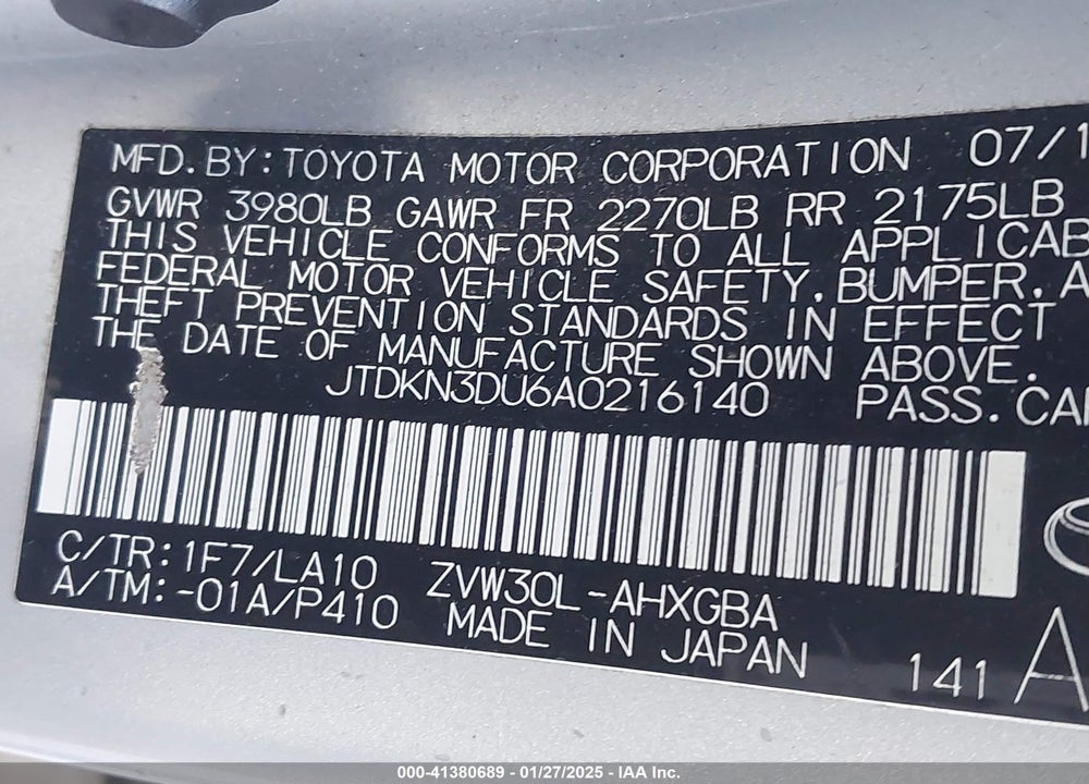 2010 TOYOTA PRIUS VIN: JTDKN3DU6A0216140
