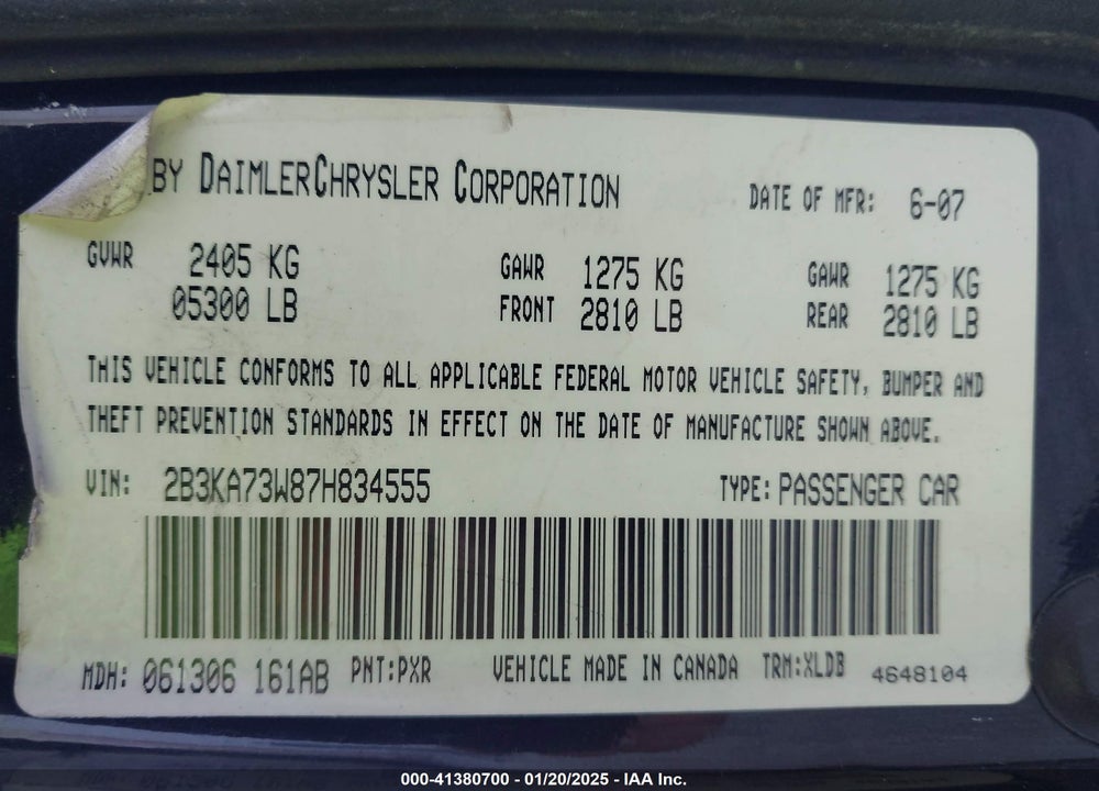 2007 DODGE CHARGER VIN: 2B3KA73W87H834555