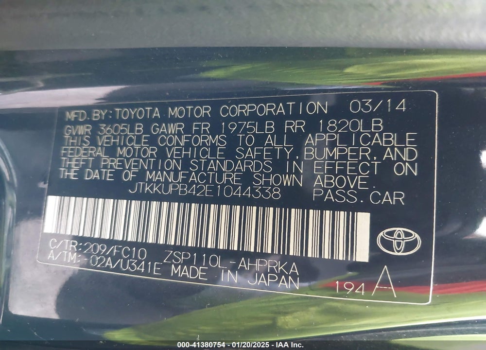 2014 SCION XD VIN: JTKKUPB42E1044338
