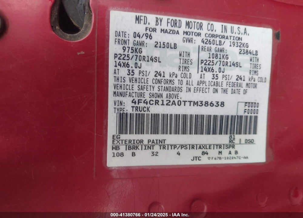 1996 MAZDA B2300 VIN: 4F4CR12A0TTM38638