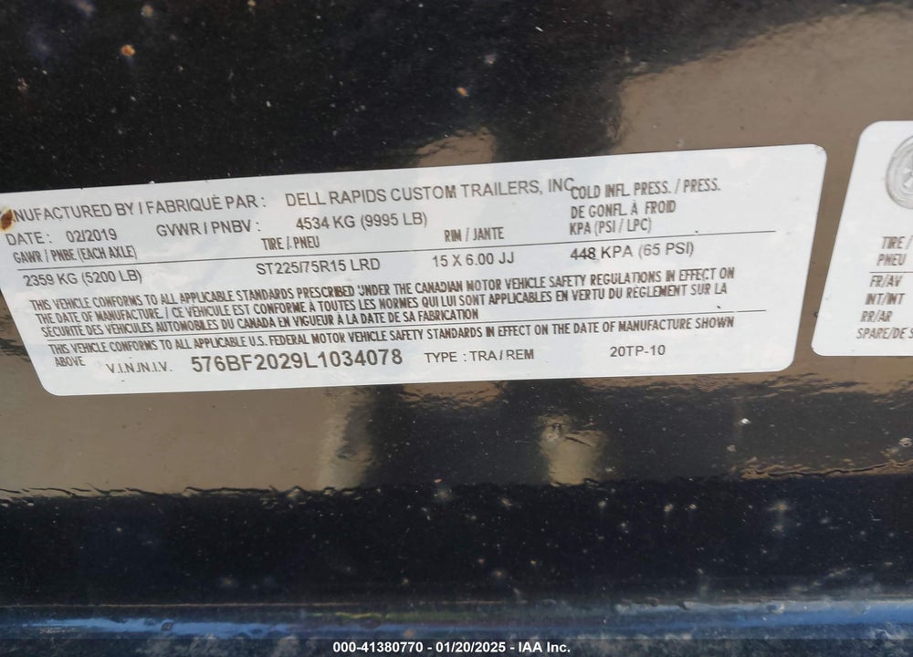 2019 DCT TRAILER 20 VIN: 576BF2029L1034078