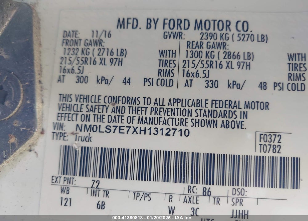 2017 FORD TRANSIT CONNECT XL VIN: NM0LS7E7XH1312710
