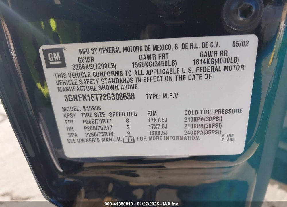 2002 CHEVROLET SUBURBAN 1500 Z71 VIN: 3GNFK16T72G308638