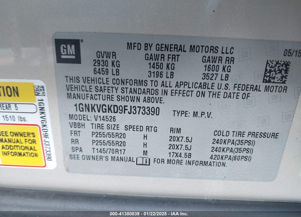 2015 CHEVROLET TRAVERSE 1LT VIN: 1GNKVGKD9FJ373390