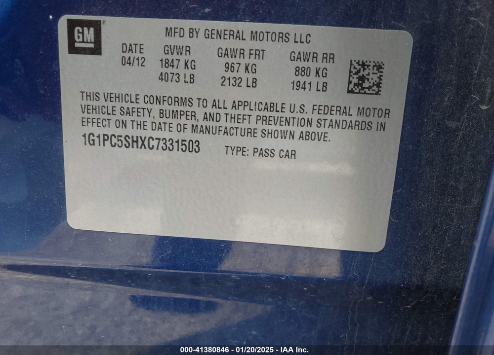 2012 CHEVROLET CRUZE LS VIN: 1G1PC5SHXC7331503