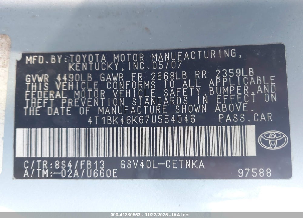 2007 TOYOTA CAMRY VIN: 4T1BK46K67U554046