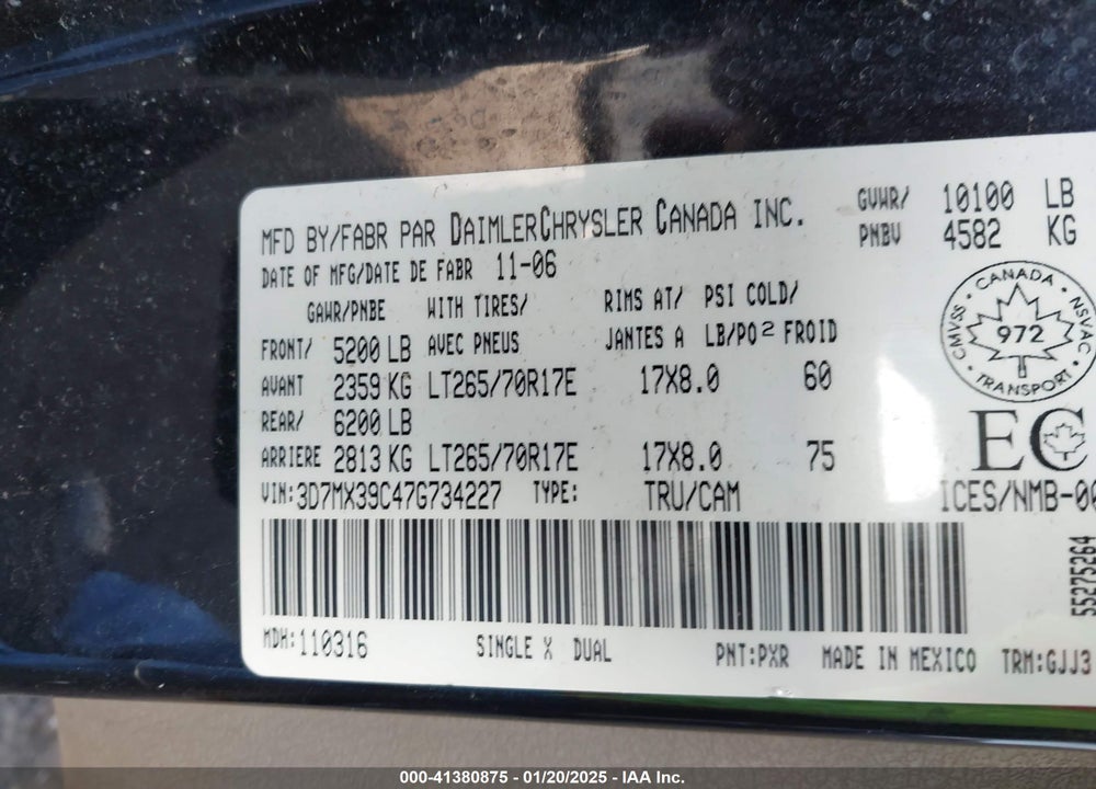 2007 DODGE RAM 3500 LARAMIE VIN: 3D7MX39C47G734227
