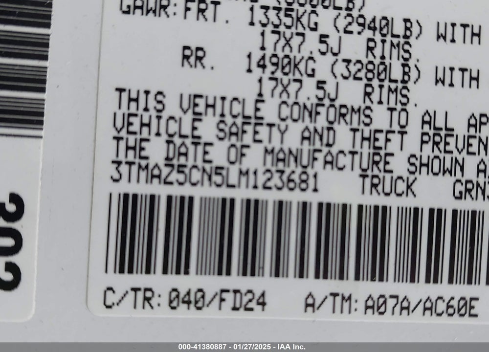 2020 TOYOTA TACOMA VIN: 3TMAZ5CN5LM123681