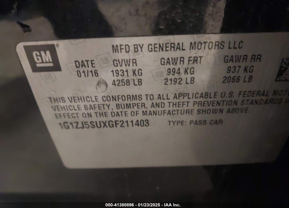 2016 CHEVROLET MALIBU HYBRID VIN: 1G1ZJ5SUXGF211403