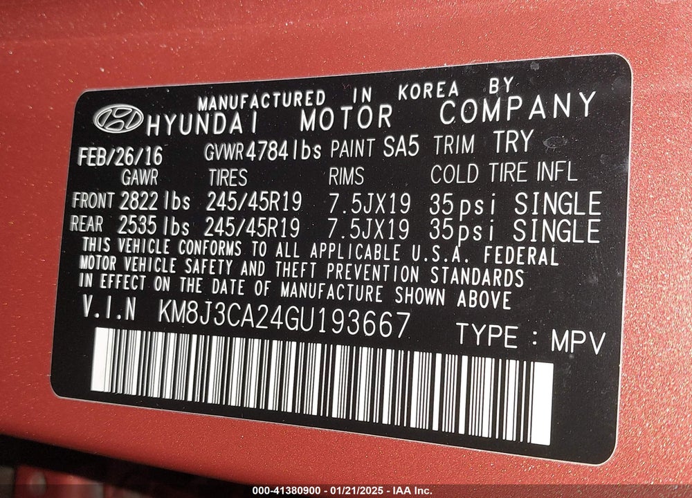 2016 HYUNDAI TUCSON LIMITED VIN: KM8J3CA24GU193667