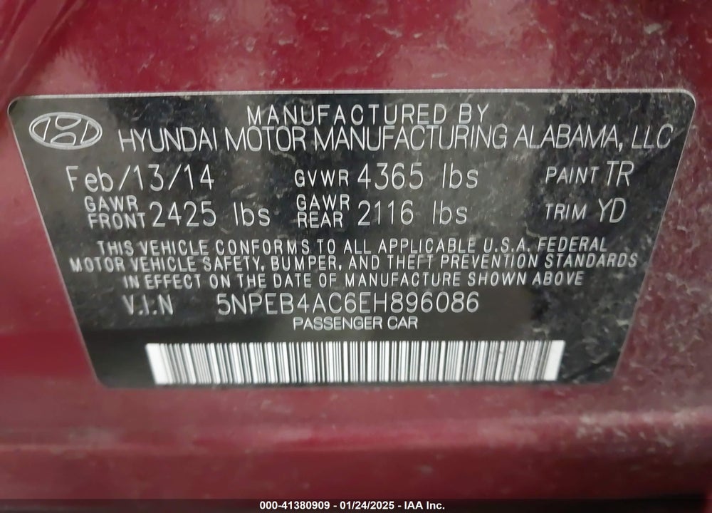 2014 HYUNDAI SONATA GLS VIN: 5NPEB4AC6EH896086