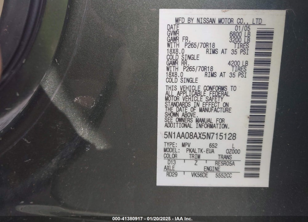 2005 NISSAN ARMADA SE VIN: 5N1AA08AX5N715128