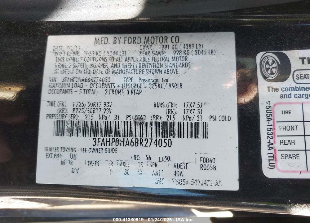 2011 FORD FUSION SE VIN: 3FAHP0HA6BR274050
