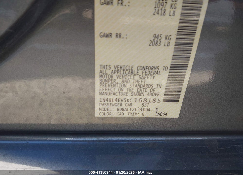 2019 NISSAN ALTIMA VIN: 1N4BL4EV5KC168185