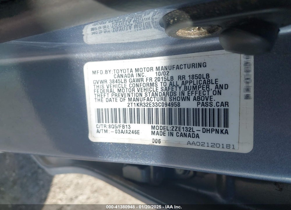 2003 TOYOTA MATRIX/XR VIN: 2T1KR32E33C094958