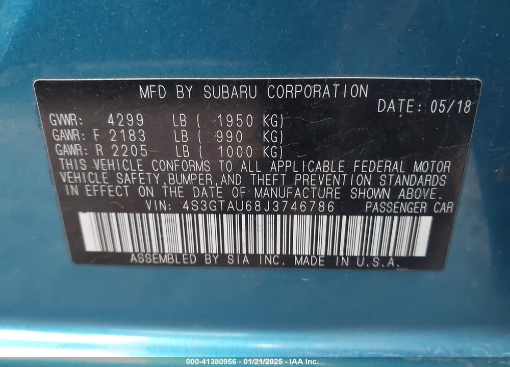 2018 SUBARU IMPREZA VIN: 4S3GTAU68J3746786