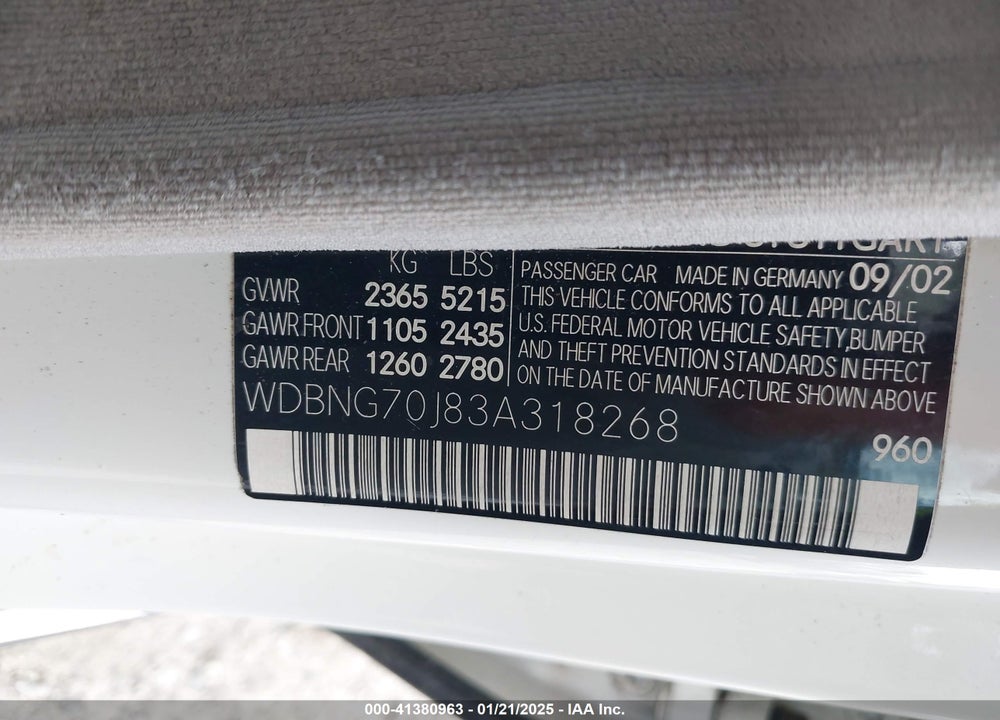 2003 MERCEDES-BENZ S 430 VIN: WDBNG70J83A318268