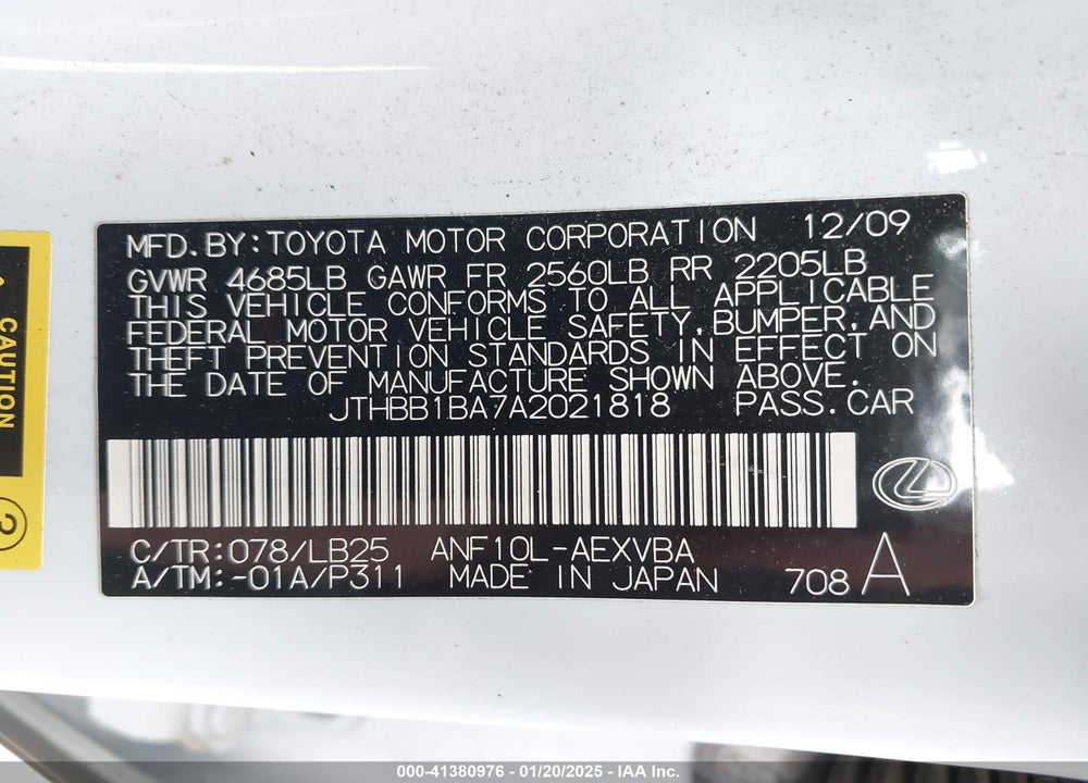 2010 LEXUS HS 250H BASE (ECVT) VIN: JTHBB1BA7A2021818