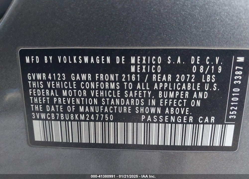 2019 VOLKSWAGEN JETTA VIN: 3VWCB7BU8KM247750