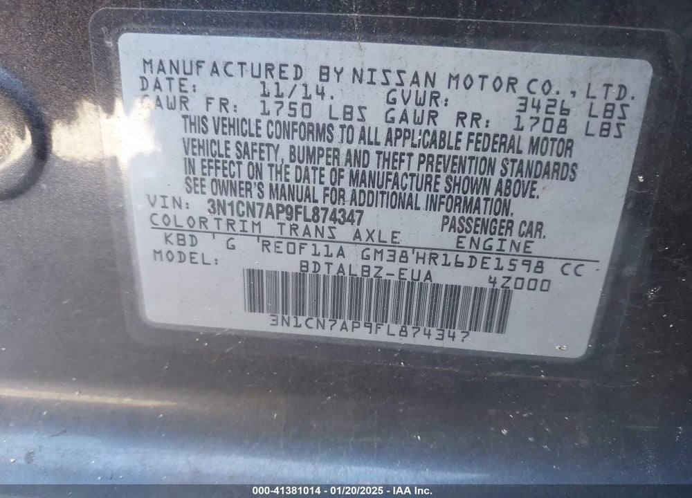 2015 NISSAN VERSA 1.6 SV VIN: 3N1CN7AP9FL874347