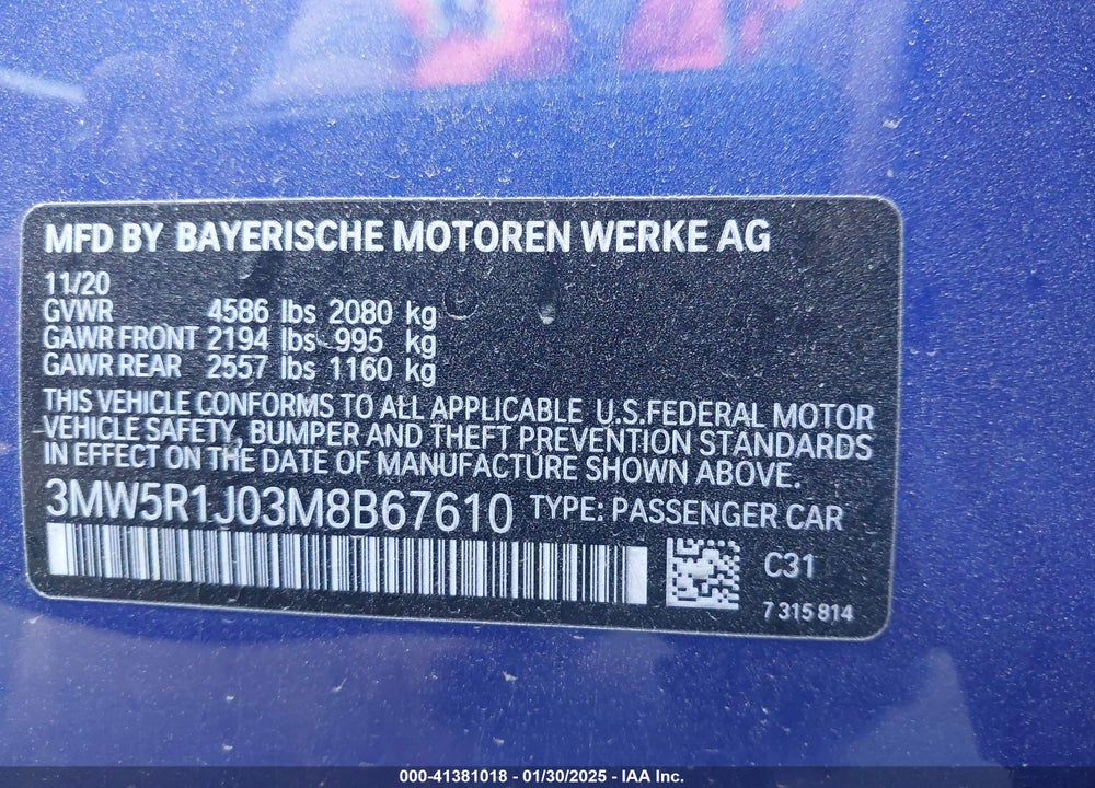 2021 BMW 330I VIN: 3MW5R1J03M8B67610