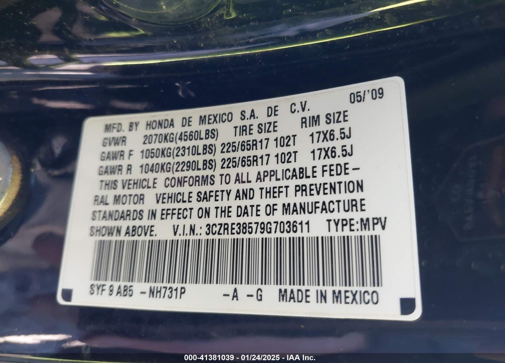 2009 HONDA CR-V EX VIN: 3CZRE38579G703611