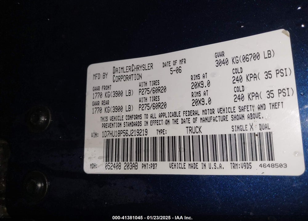 2006 DODGE RAM 1500 SLT/TRX4 OFF ROAD/SPORT VIN: 1D7HU18P56J219219