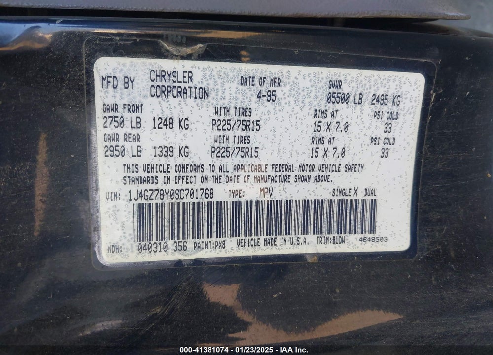 1995 JEEP GRAND CHEROKEE LIMITED/ORVIS VIN: 1J4GZ78Y0SC701768
