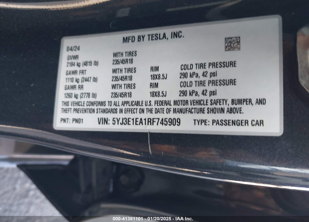 2024 TESLA MODEL 3 LONG RANGE DUAL MOTOR ALL-WHEEL DRIVE/REAR-WHEEL DRIVE VIN: 5YJ3E1EA1RF745909