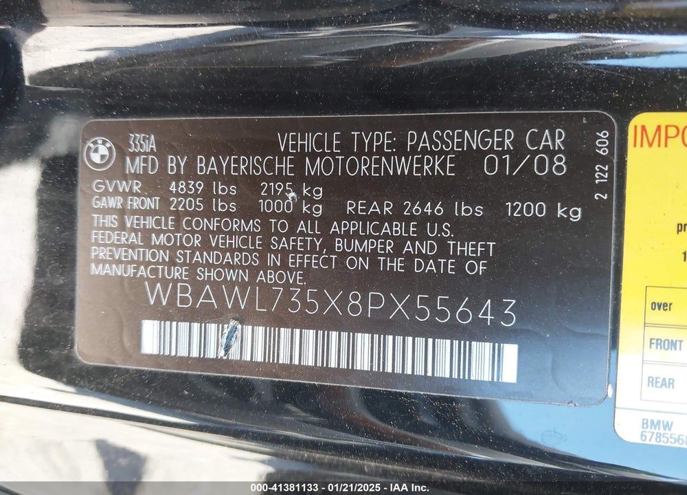 2008 BMW 335I VIN: WBAWL735X8PX55643