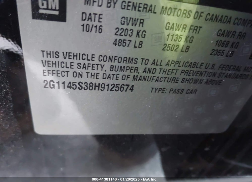 2017 CHEVROLET IMPALA VIN: 2G1145S38H9125674