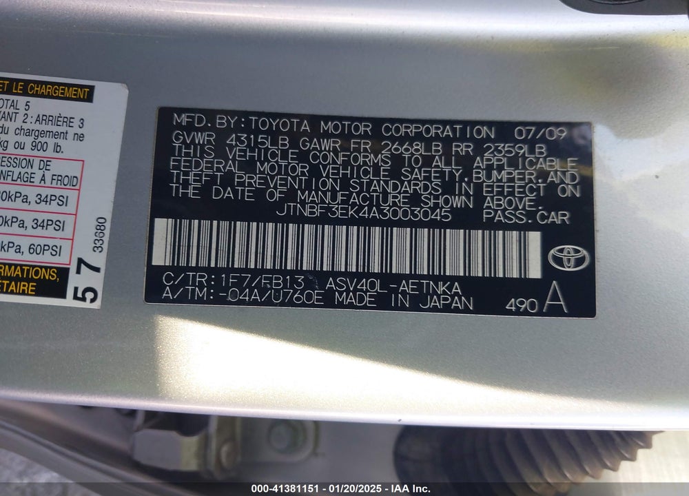 2010 TOYOTA CAMRY VIN: JTNBF3EK4A3003045